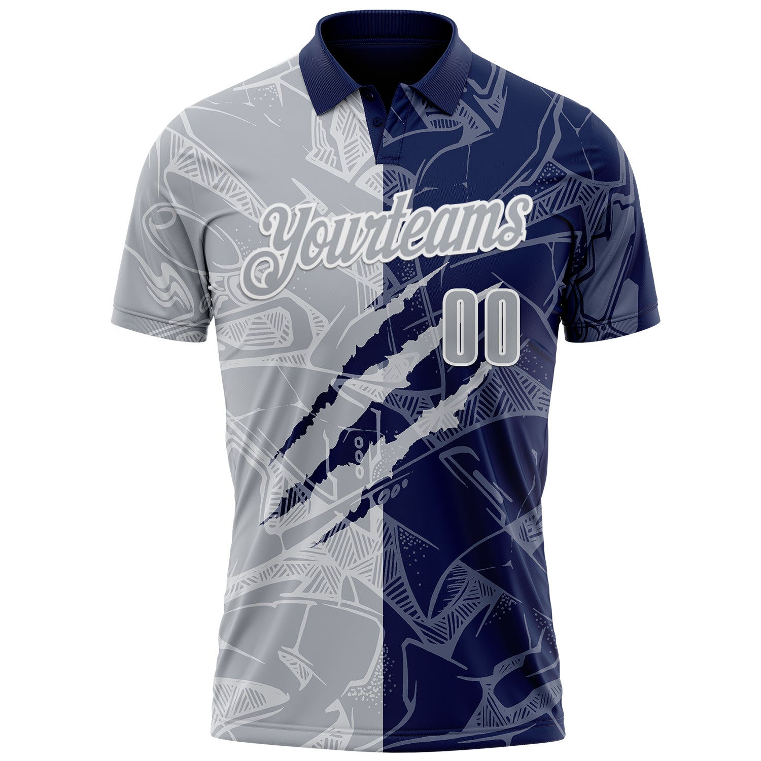 Custom Graffiti Pattern Gray Navy-White 3D Scratch Performance Polo Shirt view 2