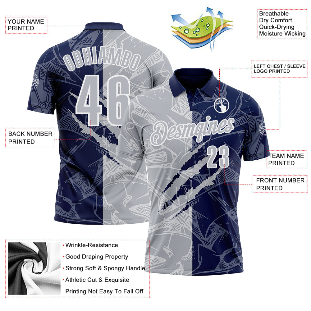 Custom Graffiti Pattern Gray Navy-White 3D Scratch Performance Polo Shirt view 3