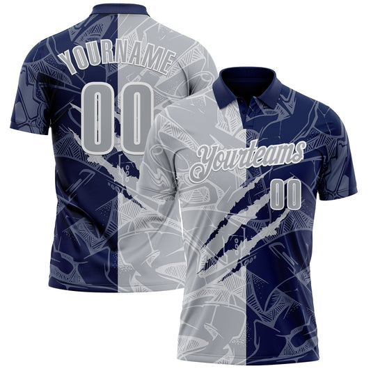 Custom Graffiti Pattern Gray Navy-White 3D Scratch Performance Polo Shirt - Main View