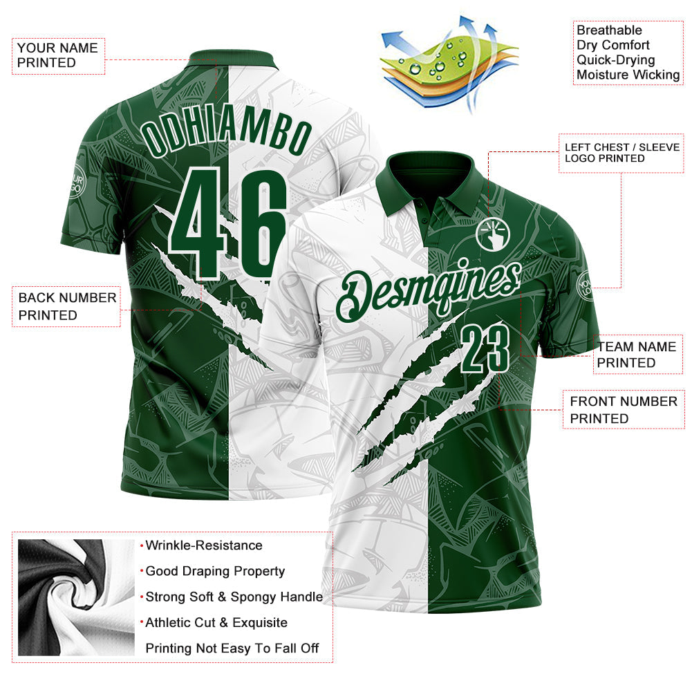Custom Graffiti Pattern Green-White 3D Scratch Performance Polo Shirt view 3