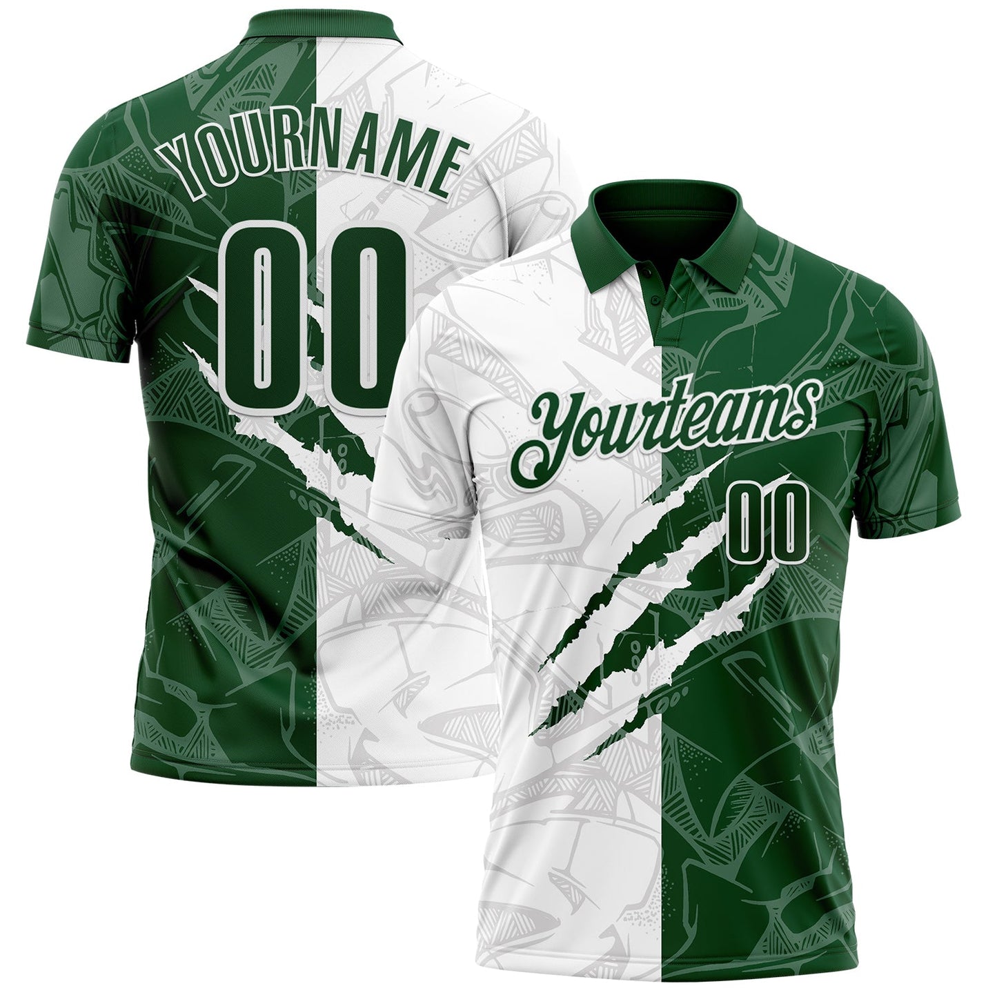 Custom Graffiti Pattern Green-White 3D Scratch Performance Polo Shirt - Main View