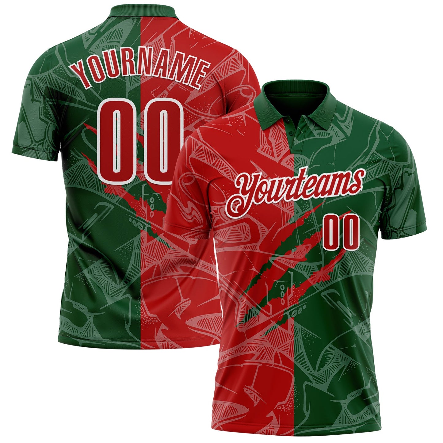 Custom Graffiti Pattern Red Green-White 3D Scratch Performance Polo Shirt - Main View