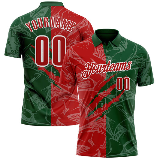 Custom Graffiti Pattern Red Green-White 3D Scratch Performance Polo Shirt - Main View