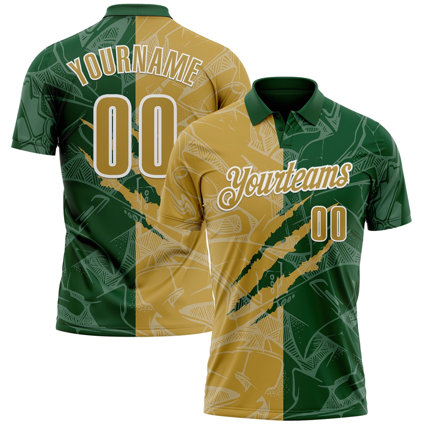 Custom Graffiti Pattern Old Gold Green-White 3D Scratch Performance Polo Shirt - Main View