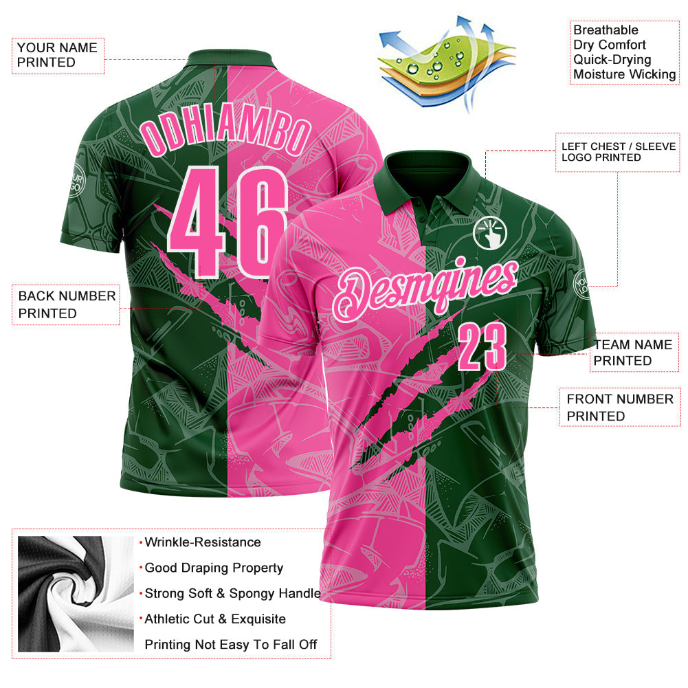 Custom Graffiti Pattern Pink Green-White 3D Scratch Performance Polo Shirt view 3