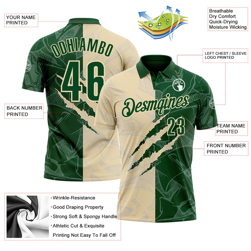 Custom Graffiti Pattern Green-Cream 3D Scratch Performance Polo Shirt view 3