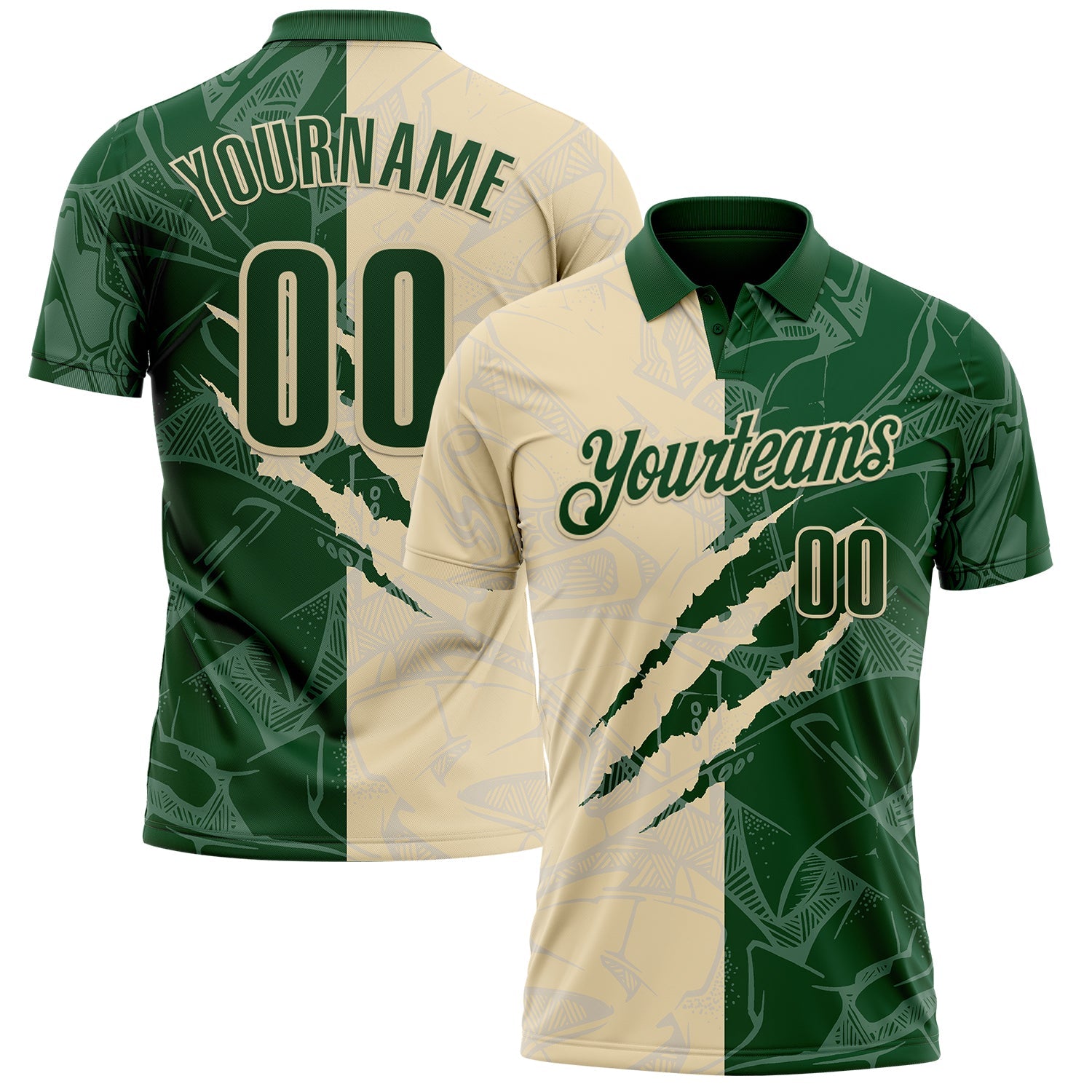 Custom Graffiti Pattern Green-Cream 3D Scratch Performance Polo Shirt - Main View