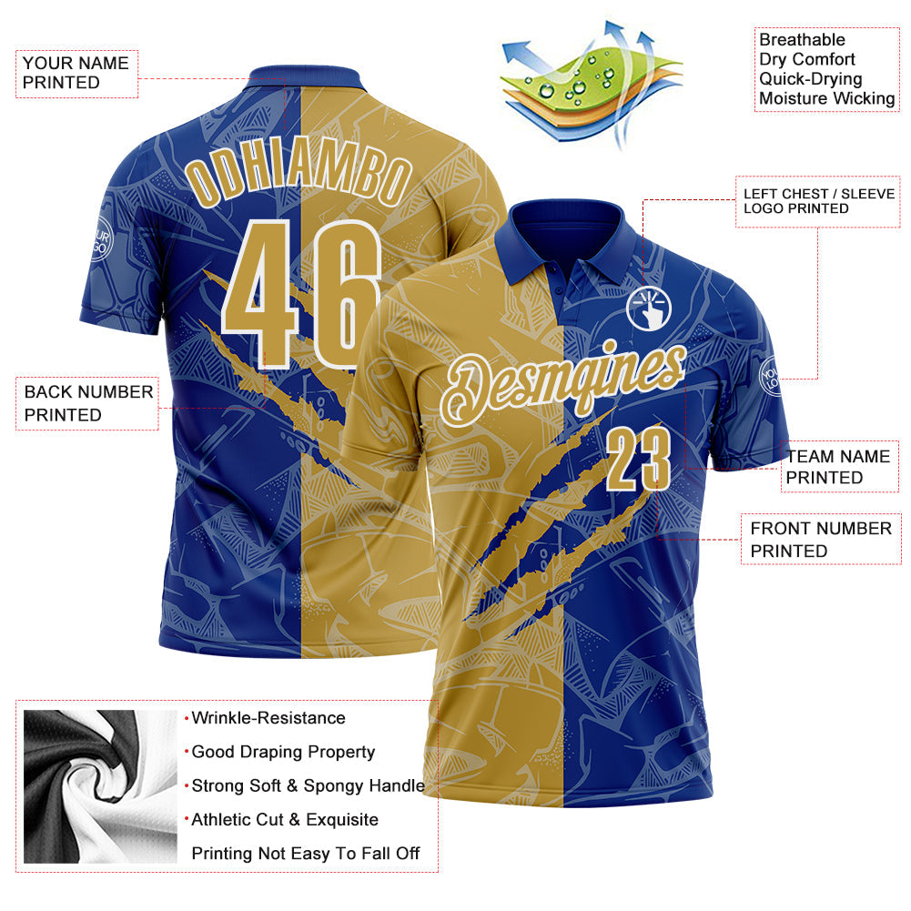 Custom Graffiti Pattern Old Gold Royal-White 3D Scratch Performance Polo Shirt view 3