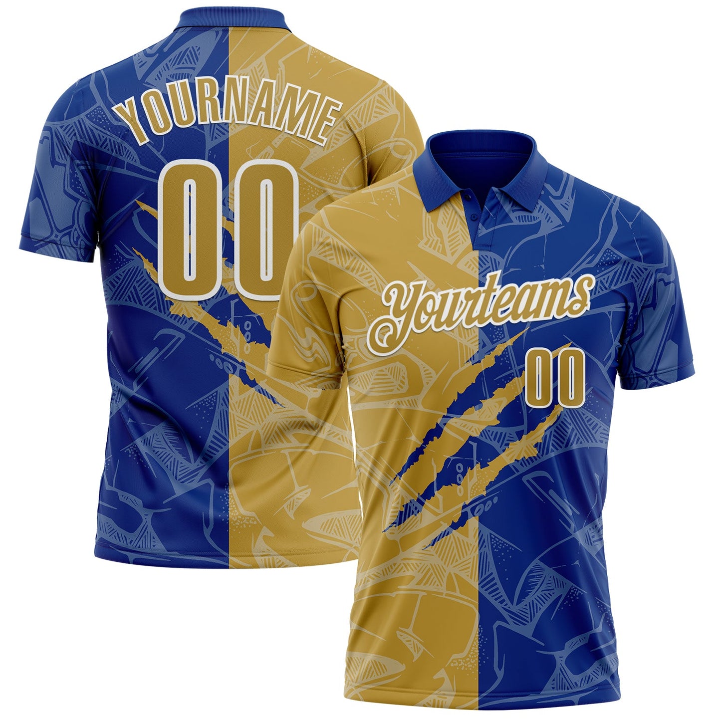 Custom Graffiti Pattern Old Gold Royal-White 3D Scratch Performance Polo Shirt - Main View