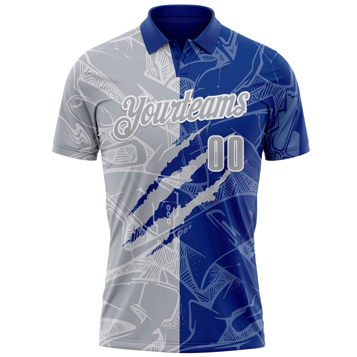 Custom Graffiti Pattern Gray Royal-White 3D Scratch Performance Polo Shirt view 2