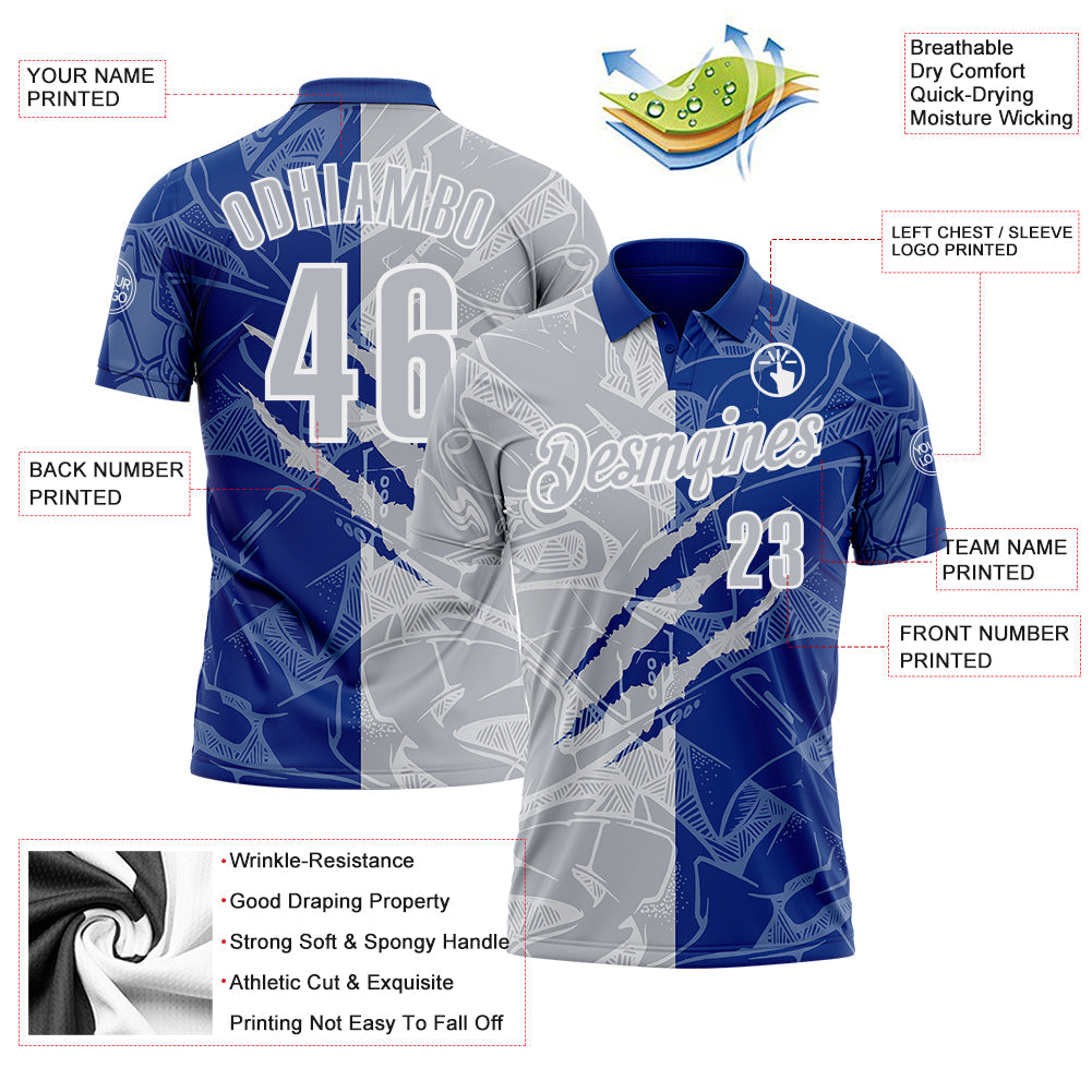Custom Graffiti Pattern Gray Royal-White 3D Scratch Performance Polo Shirt view 3