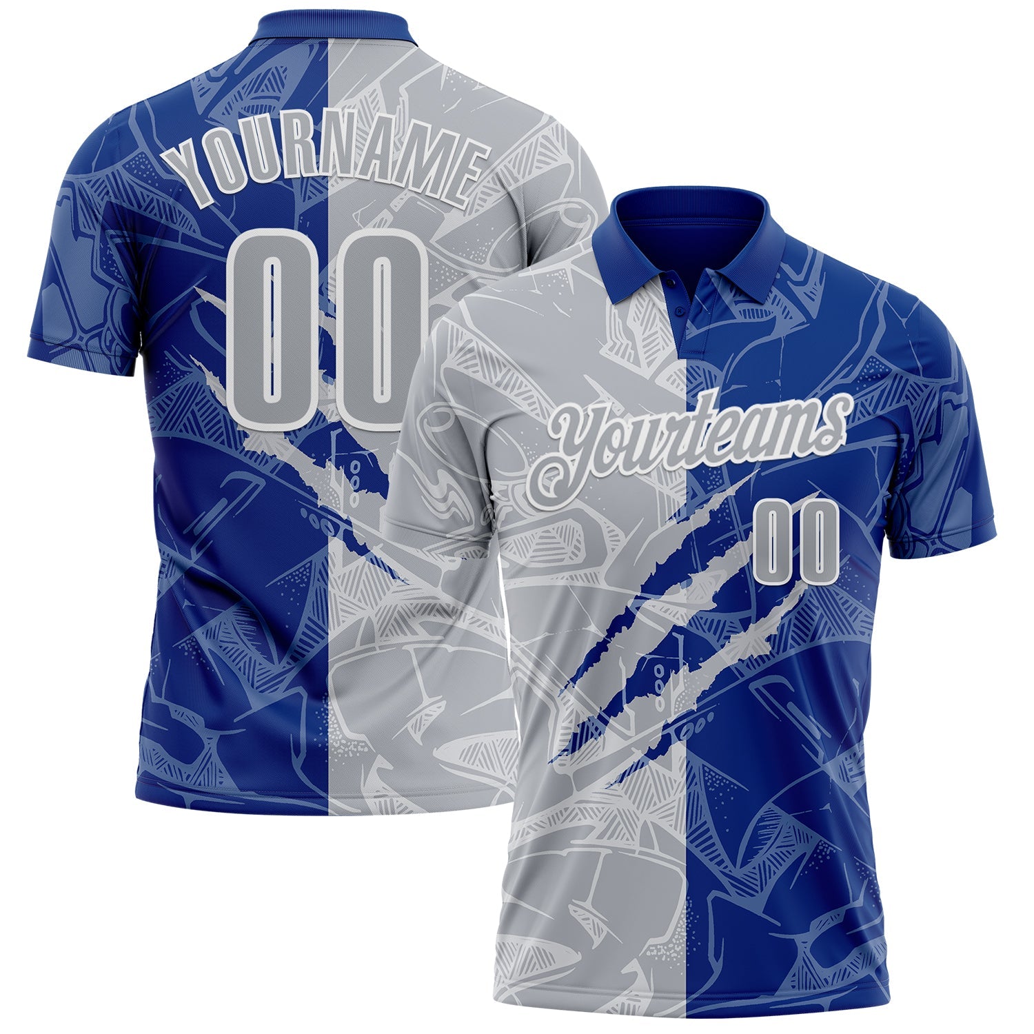 Custom Graffiti Pattern Gray Royal-White 3D Scratch Performance Polo Shirt - Main View