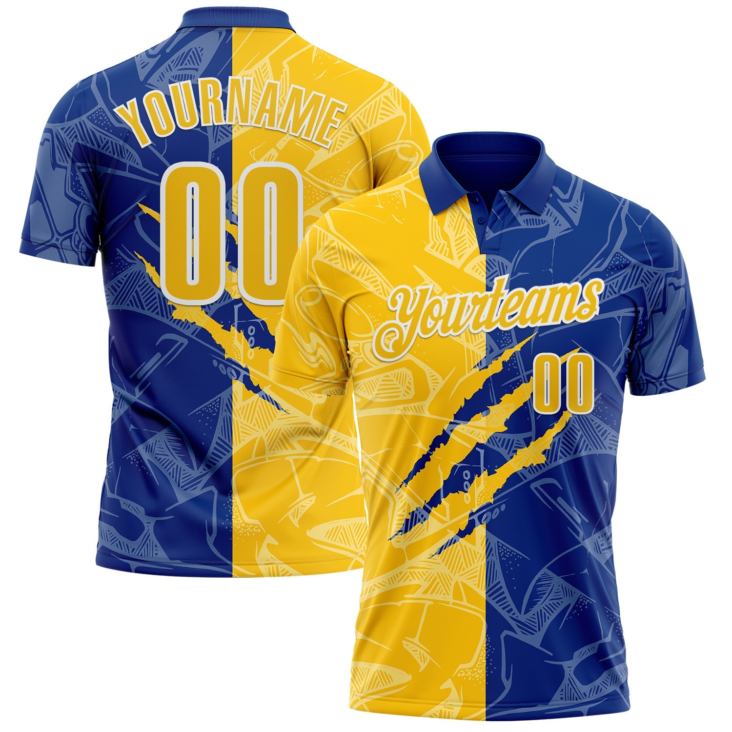Custom Graffiti Pattern Yellow Royal-White 3D Scratch Performance Polo Shirt - Main View