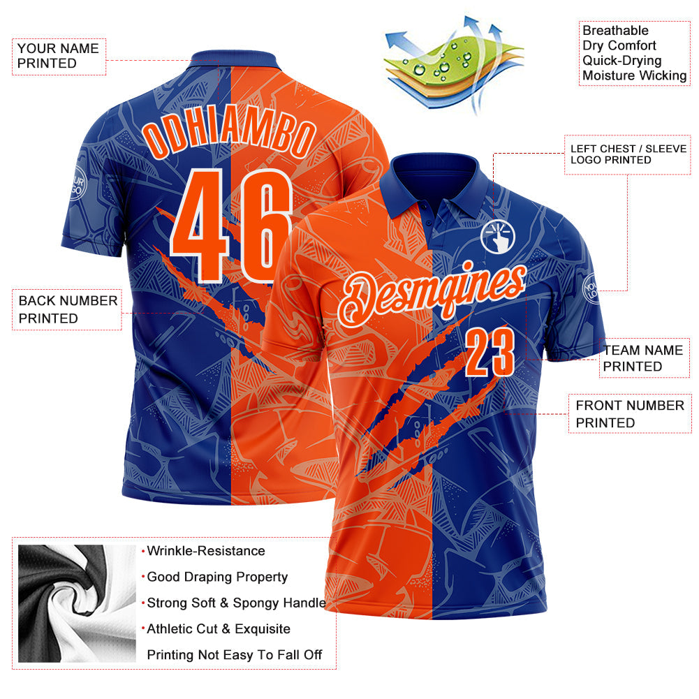 Custom Graffiti Pattern Orange Royal-White 3D Scratch Performance Polo Shirt view 3