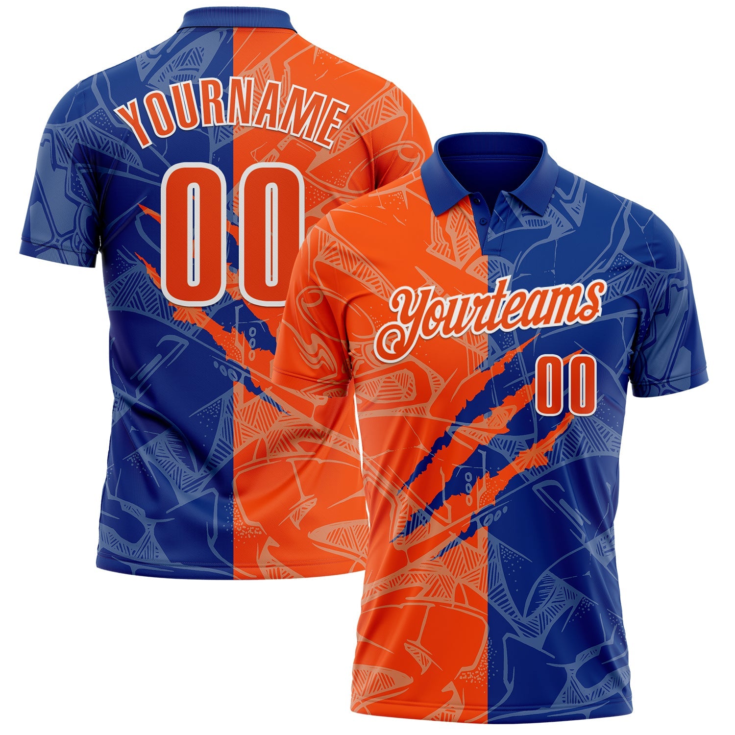 Custom Graffiti Pattern Orange Royal-White 3D Scratch Performance Polo Shirt - Main View