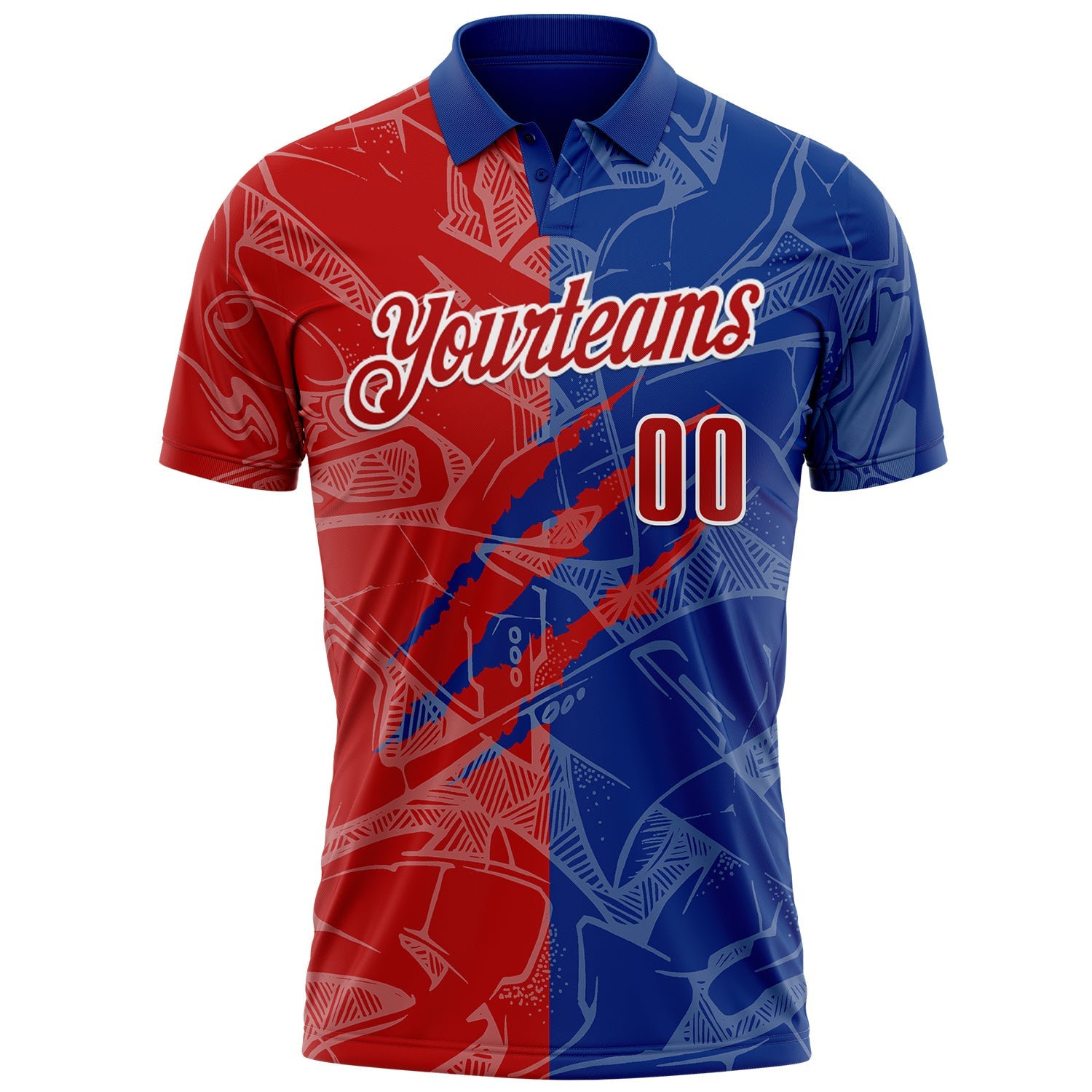 Custom Graffiti Pattern Red Royal-White 3D Scratch Performance Polo Shirt view 2
