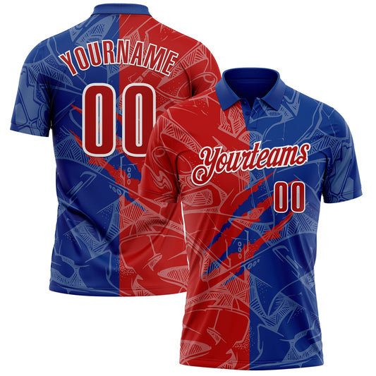 Custom Graffiti Pattern Red Royal-White 3D Scratch Performance Polo Shirt - Main View