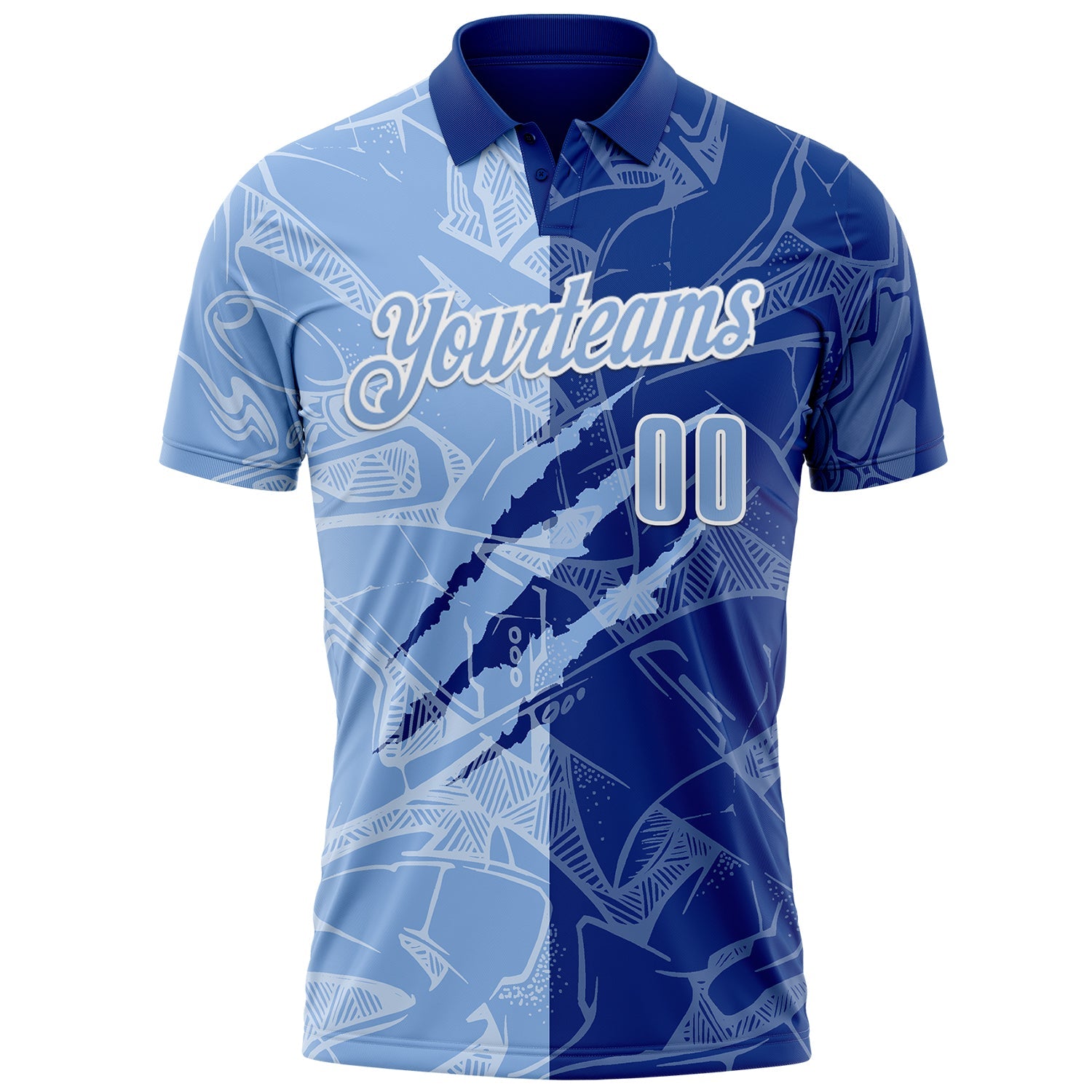 Custom Graffiti Pattern Light Blue Royal-White 3D Scratch Performance Polo Shirt view 2