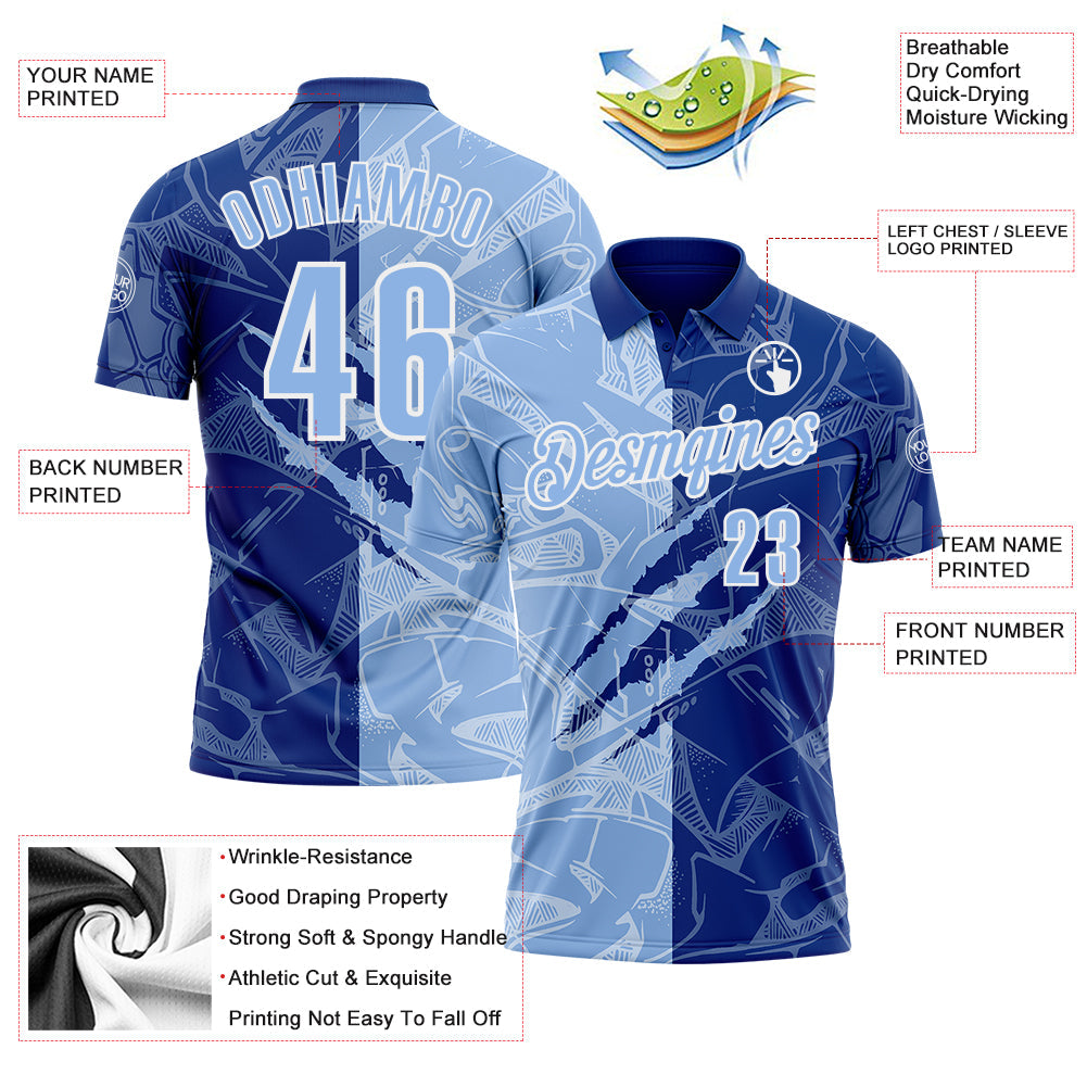 Custom Graffiti Pattern Light Blue Royal-White 3D Scratch Performance Polo Shirt view 3