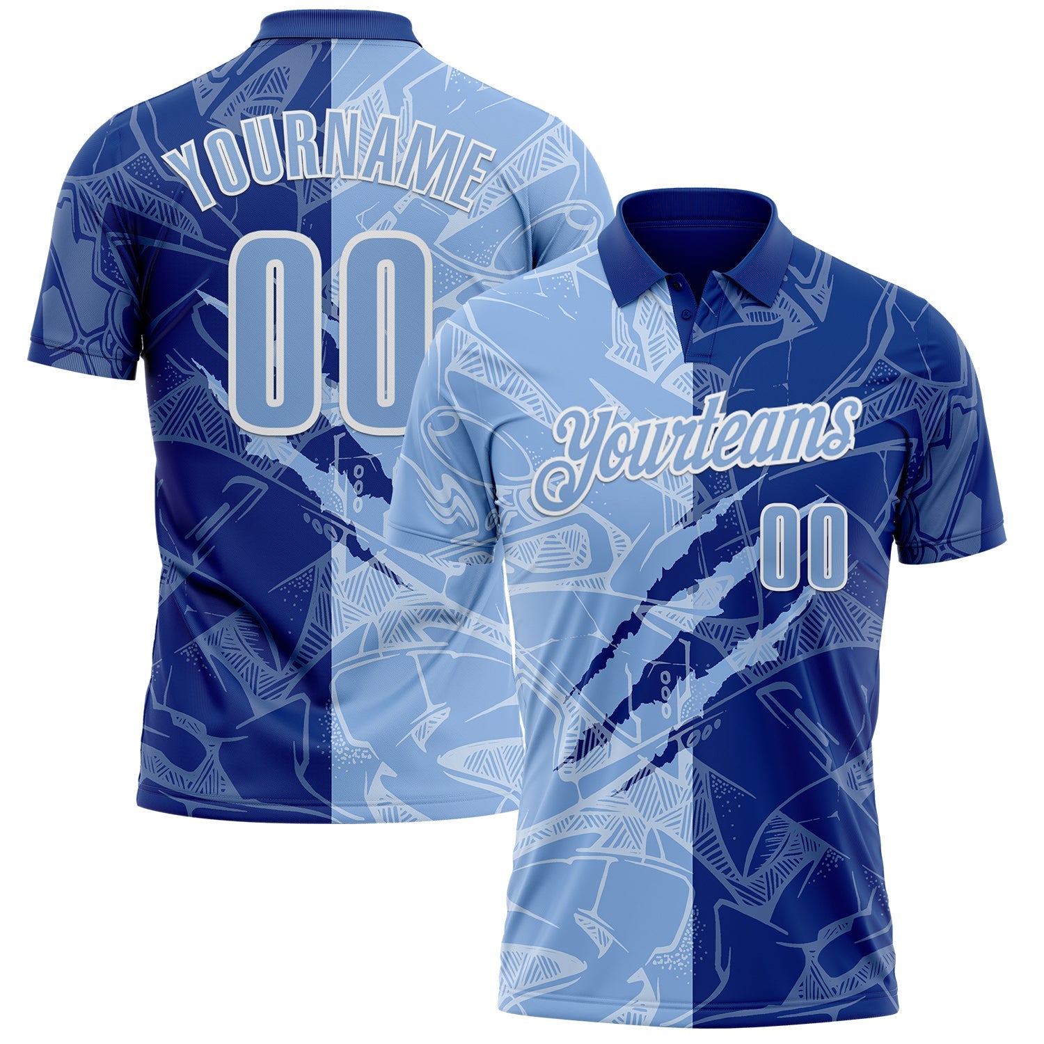 Custom Graffiti Pattern Light Blue Royal-White 3D Scratch Performance Polo Shirt - Main View