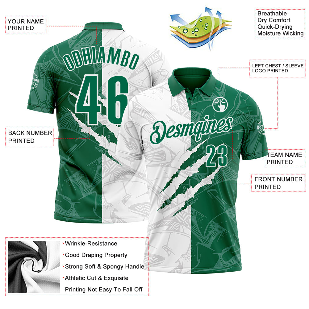 Custom Graffiti Pattern Kelly Green-White 3D Scratch Performance Polo Shirt view 3