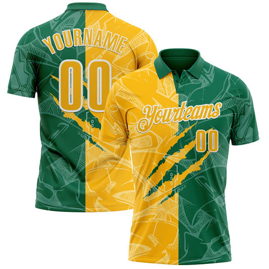 Custom Graffiti Pattern Gold Kelly Green-White 3D Scratch Performance Polo Shirt - Main View