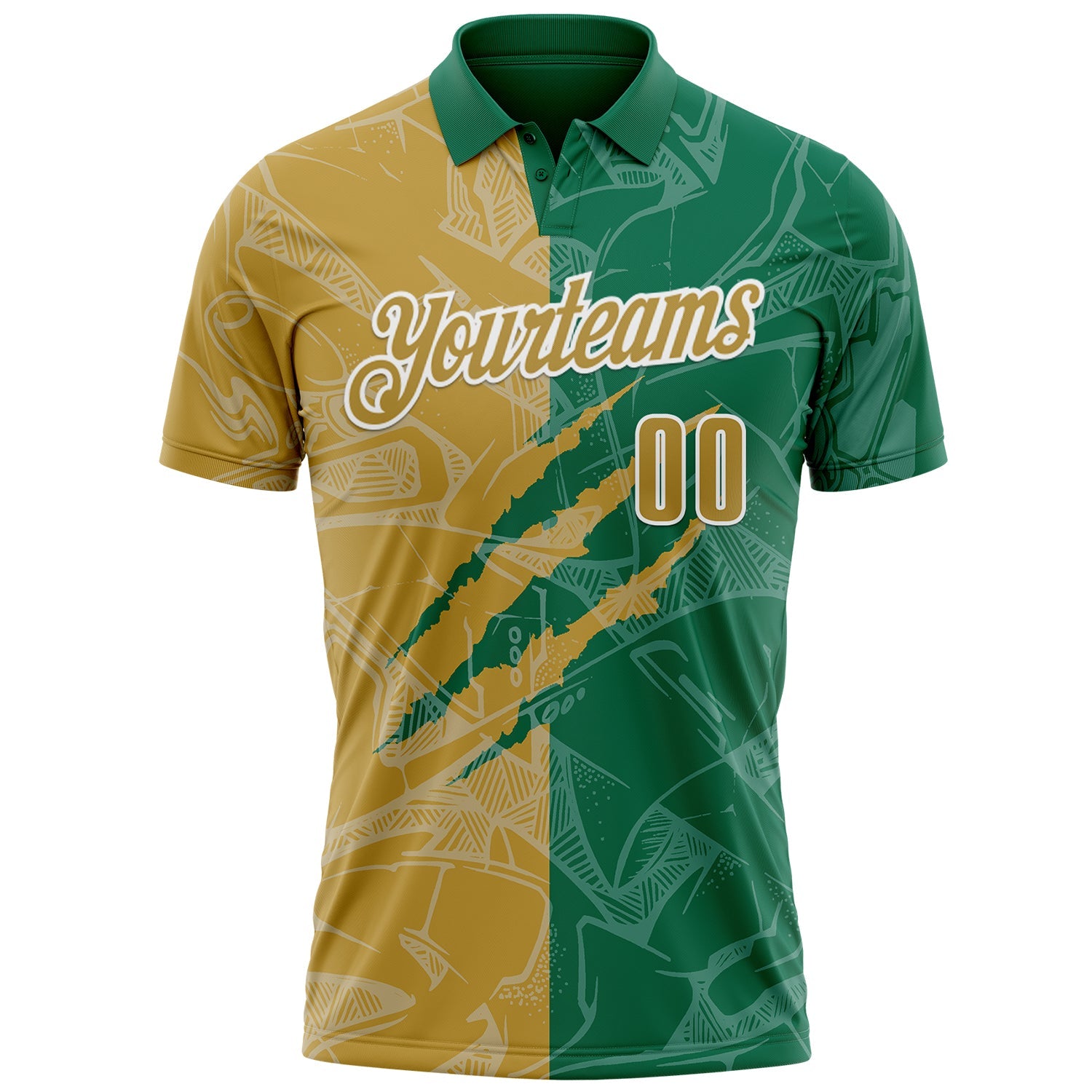 Custom Graffiti Pattern Old Gold Kelly Green-White 3D Scratch Performance Polo Shirt view 2