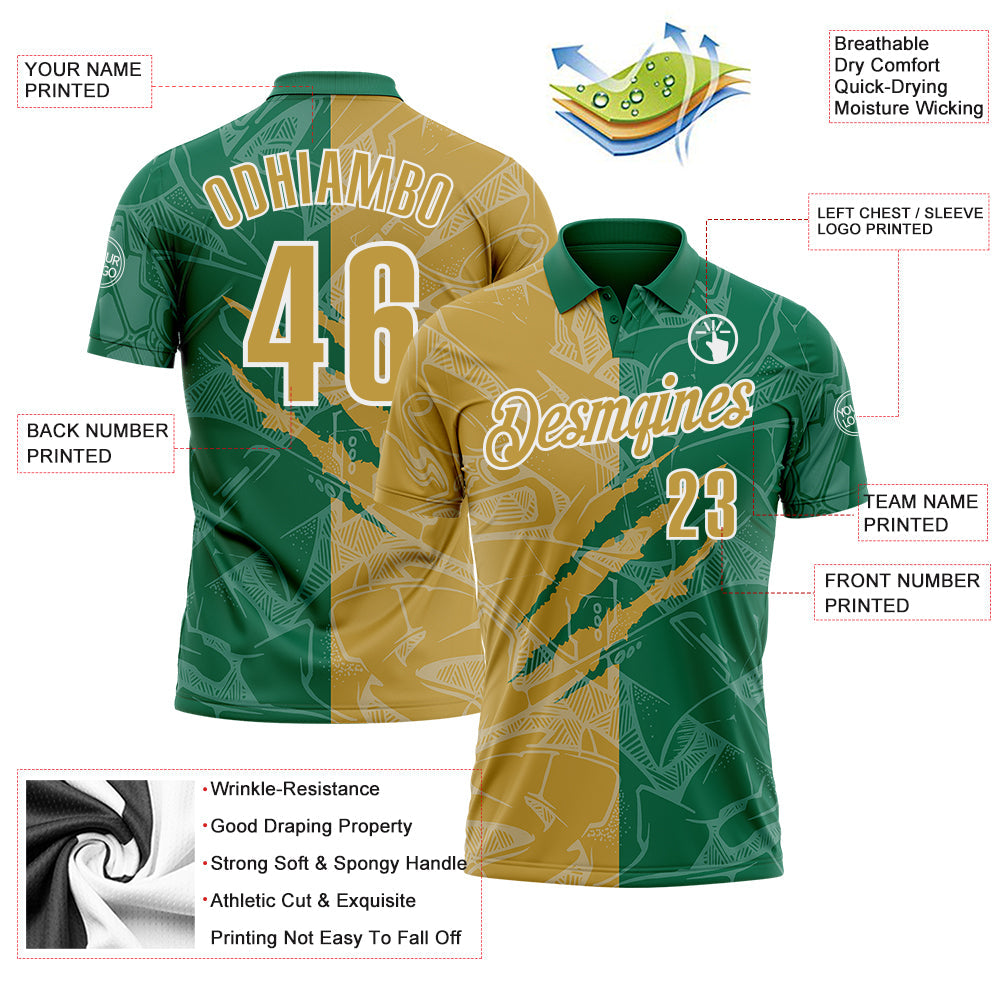 Custom Graffiti Pattern Old Gold Kelly Green-White 3D Scratch Performance Polo Shirt view 3