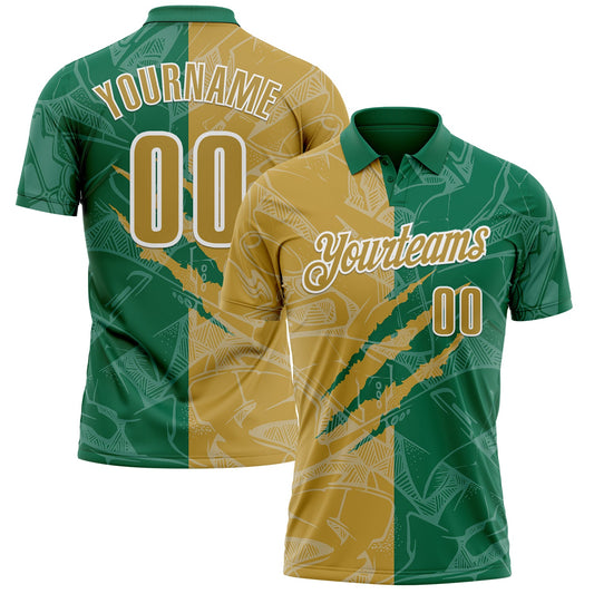 Custom Graffiti Pattern Old Gold Kelly Green-White 3D Scratch Performance Polo Shirt - Main View
