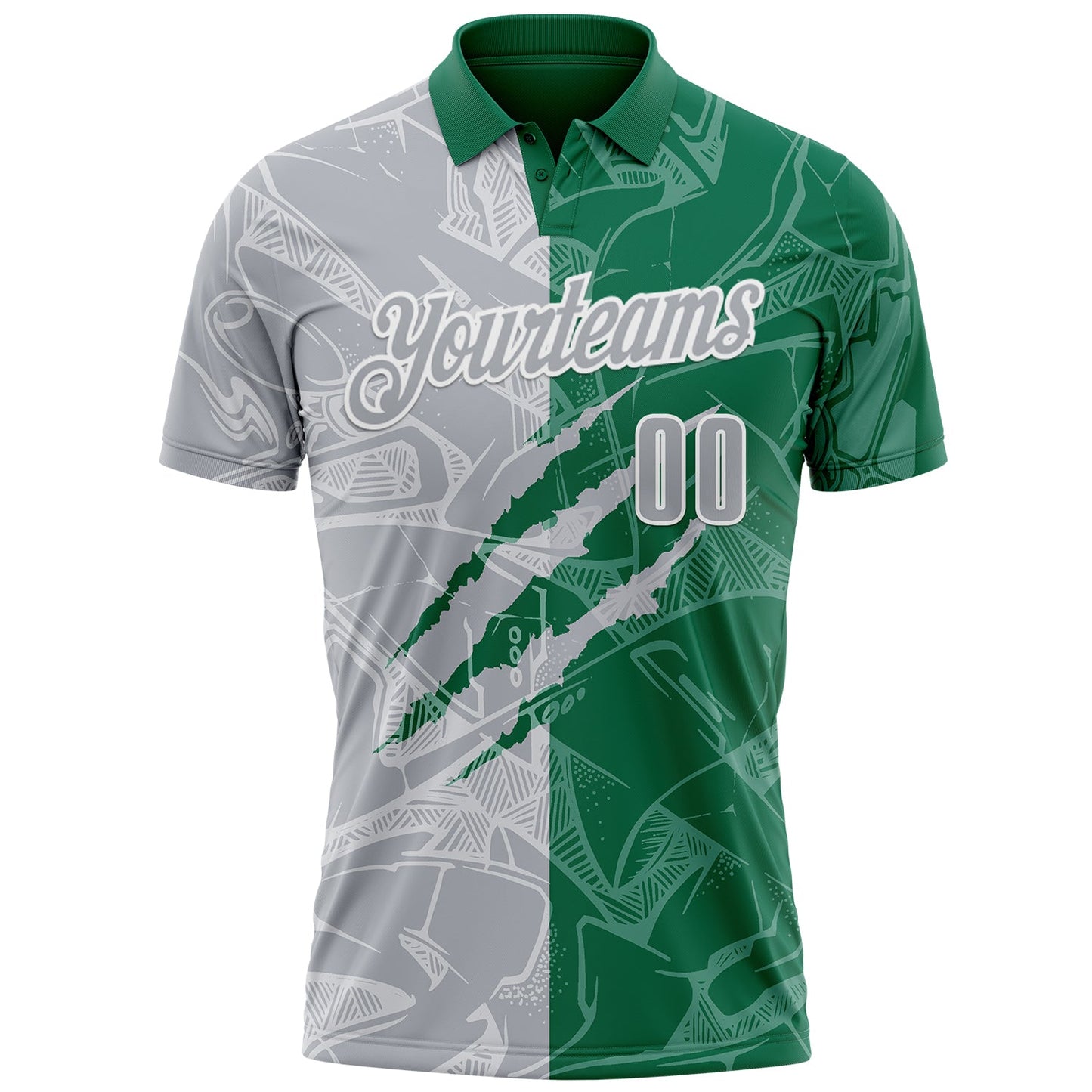 Custom Graffiti Pattern Gray Kelly Green-White 3D Scratch Performance Polo Shirt view 2