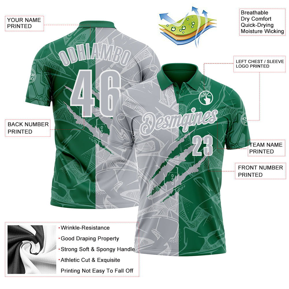 Custom Graffiti Pattern Gray Kelly Green-White 3D Scratch Performance Polo Shirt view 3