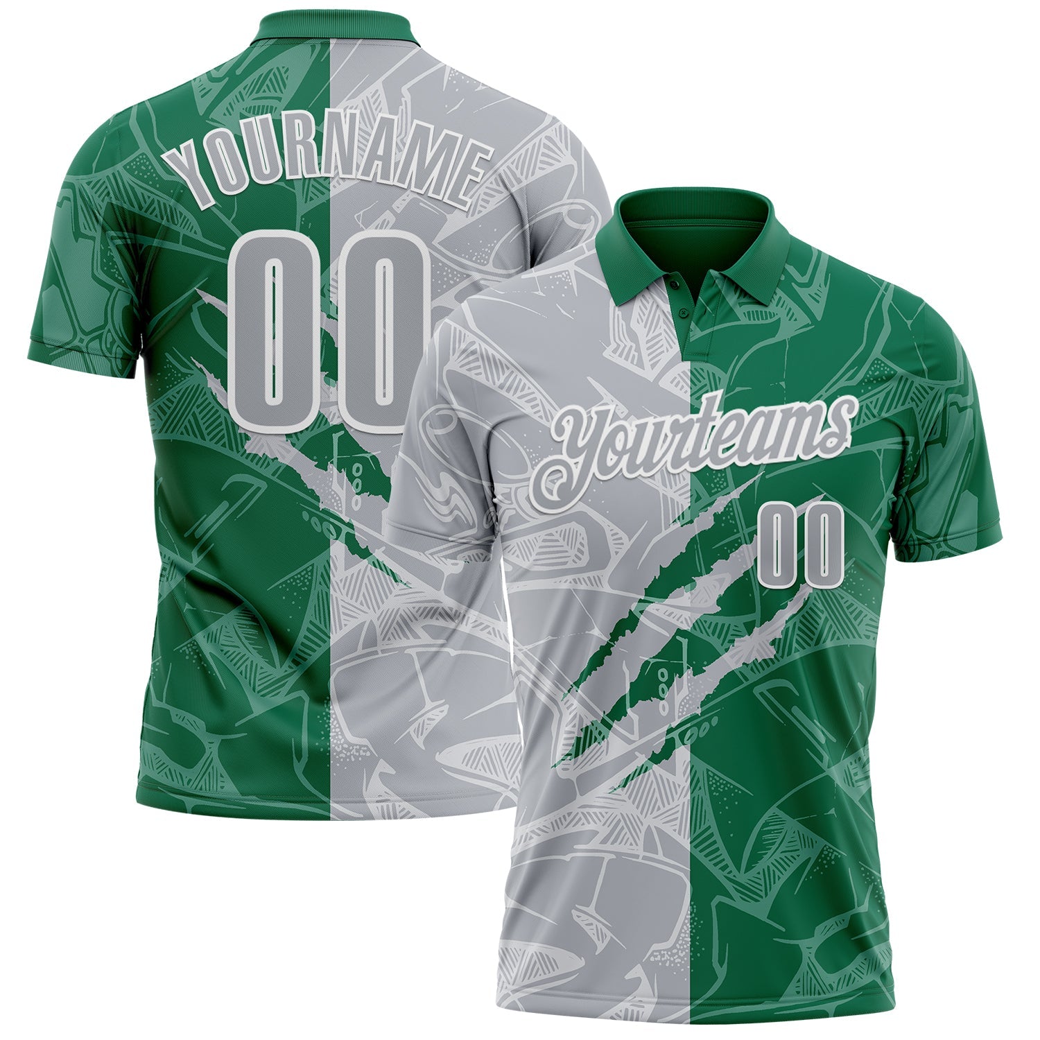 Custom Graffiti Pattern Gray Kelly Green-White 3D Scratch Performance Polo Shirt - Main View