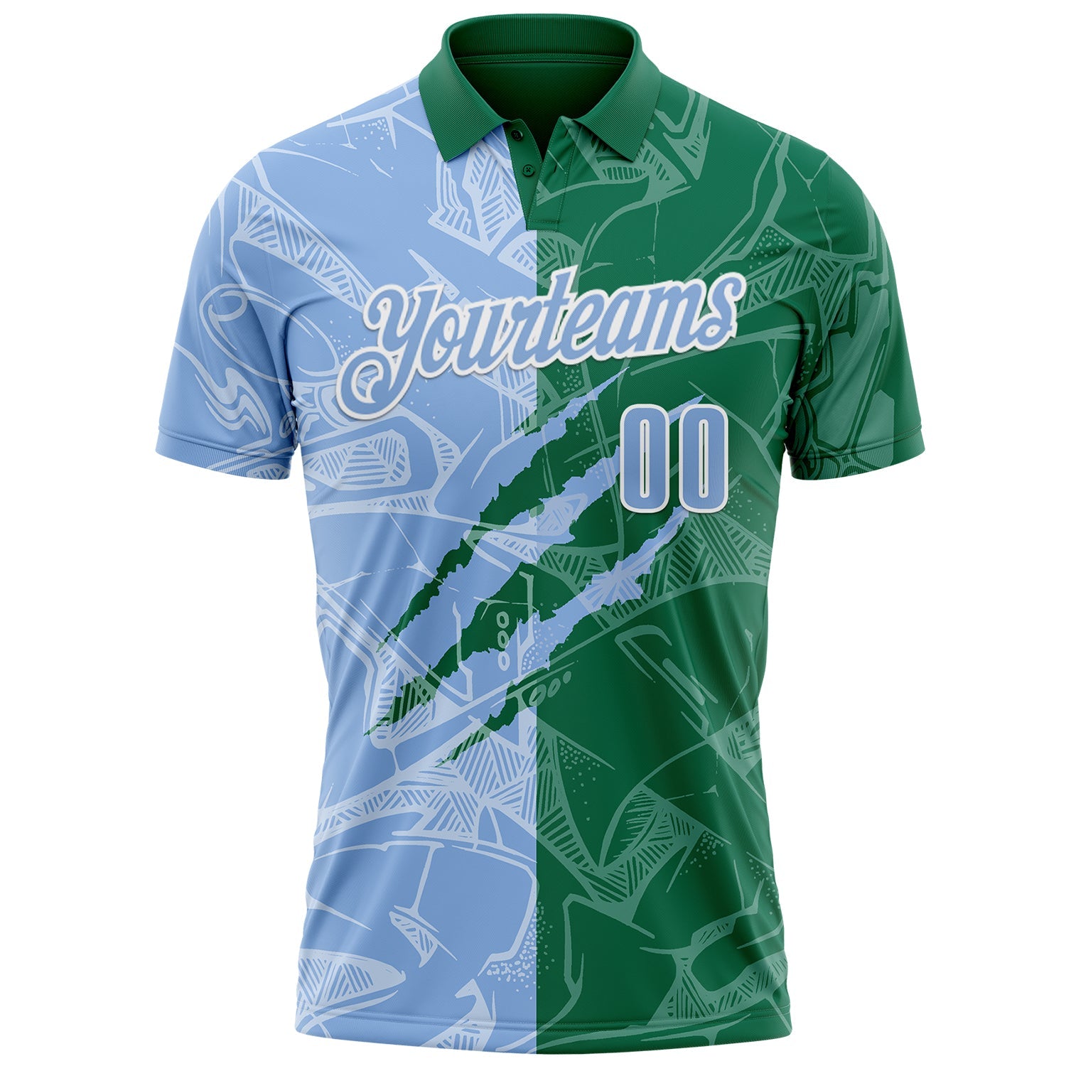Custom Graffiti Pattern Light Blue Kelly Green-White 3D Scratch Performance Polo Shirt view 2