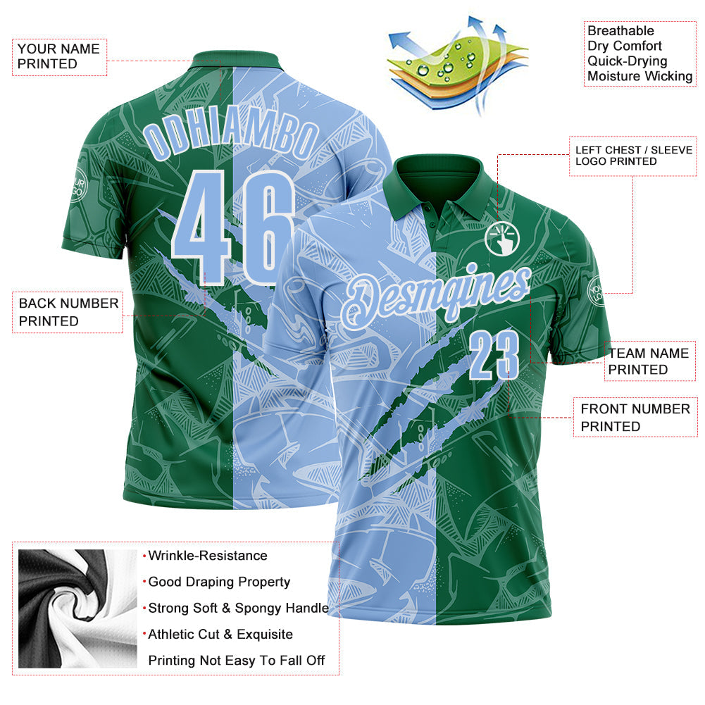 Custom Graffiti Pattern Light Blue Kelly Green-White 3D Scratch Performance Polo Shirt view 3