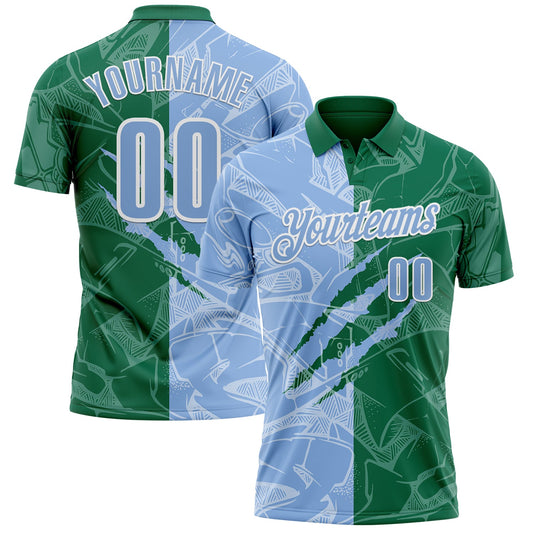 Custom Graffiti Pattern Light Blue Kelly Green-White 3D Scratch Performance Polo Shirt - Main View
