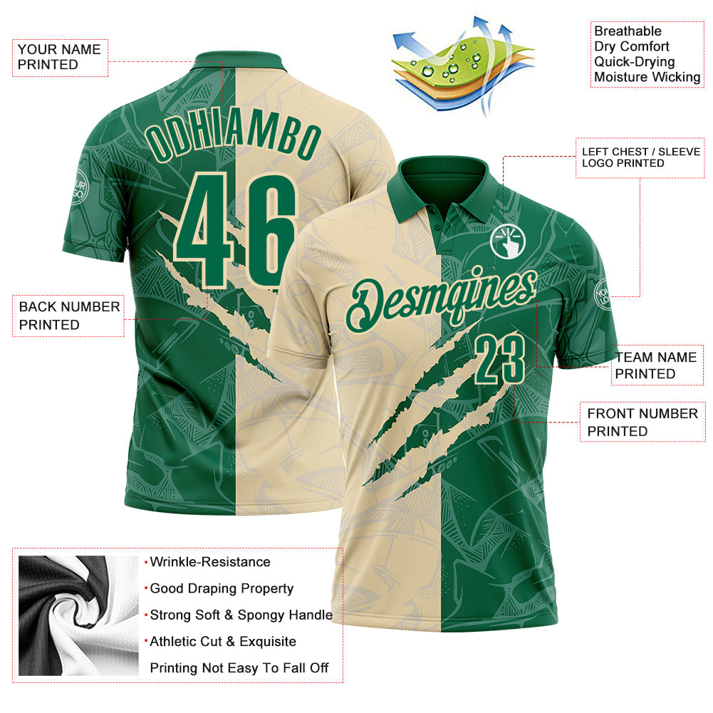 Custom Graffiti Pattern Kelly Green-Cream 3D Scratch Performance Polo Shirt view 3