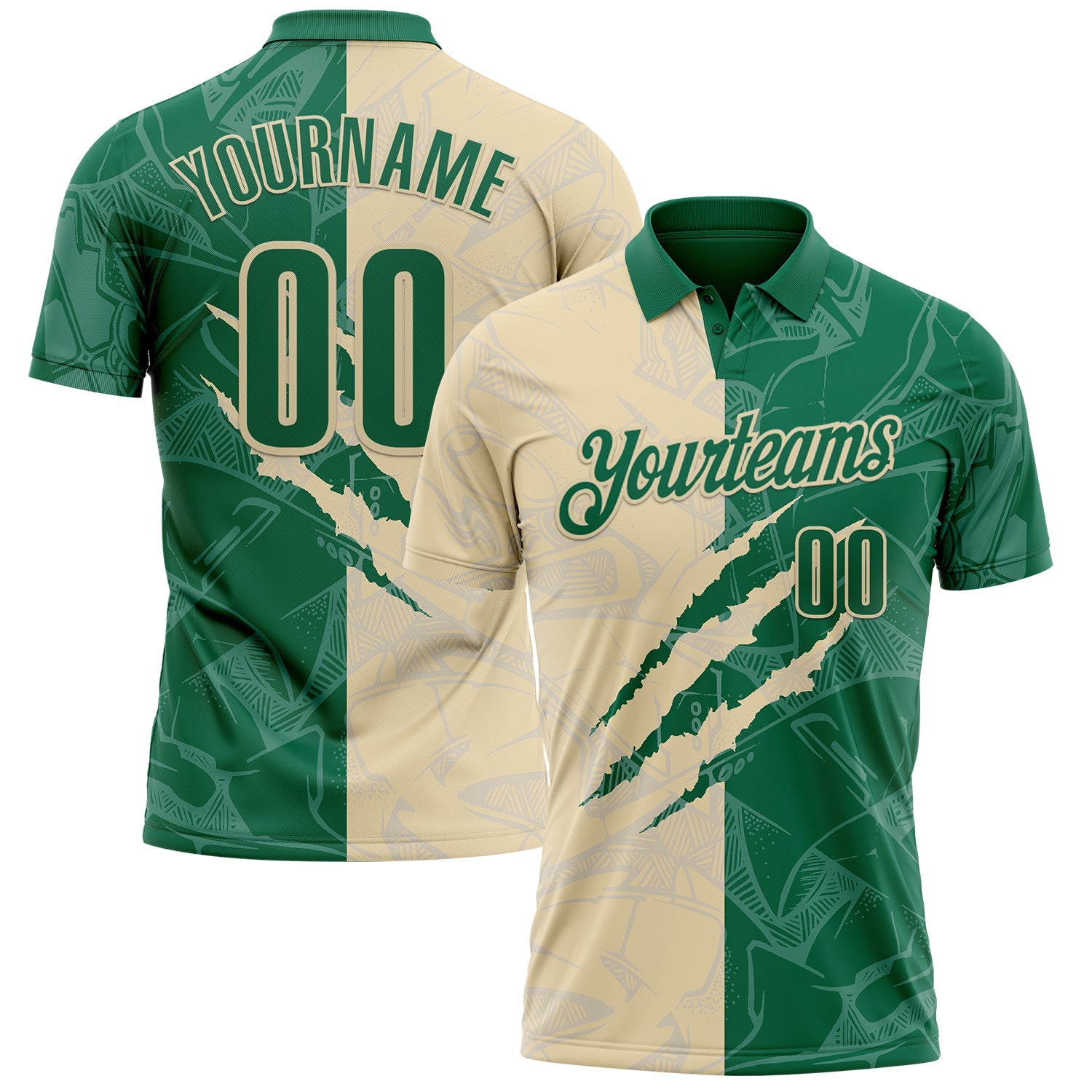 Custom Graffiti Pattern Kelly Green-Cream 3D Scratch Performance Polo Shirt - Main View