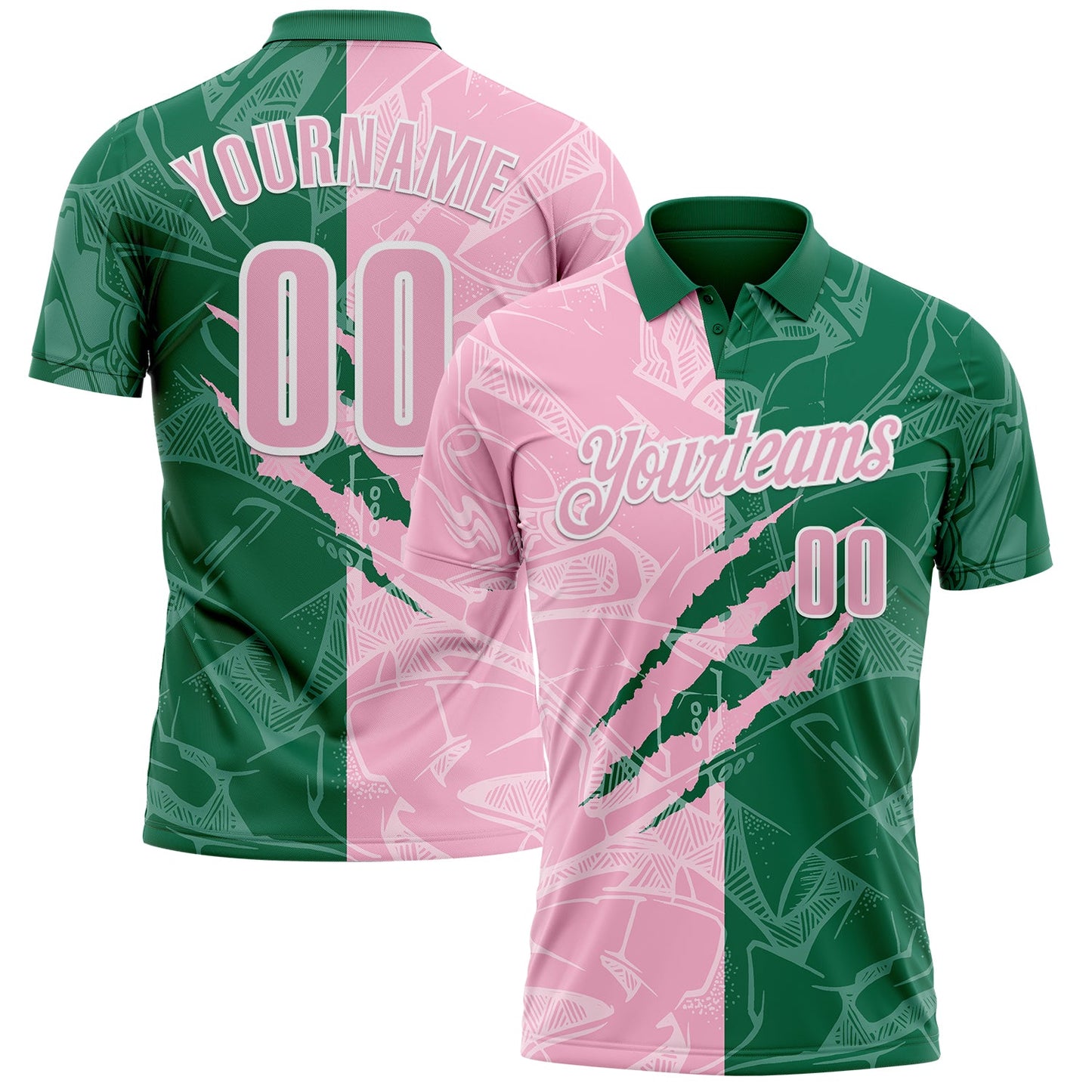 Custom Graffiti Pattern Light Pink Kelly Green-White 3D Scratch Performance Polo Shirt - Main View