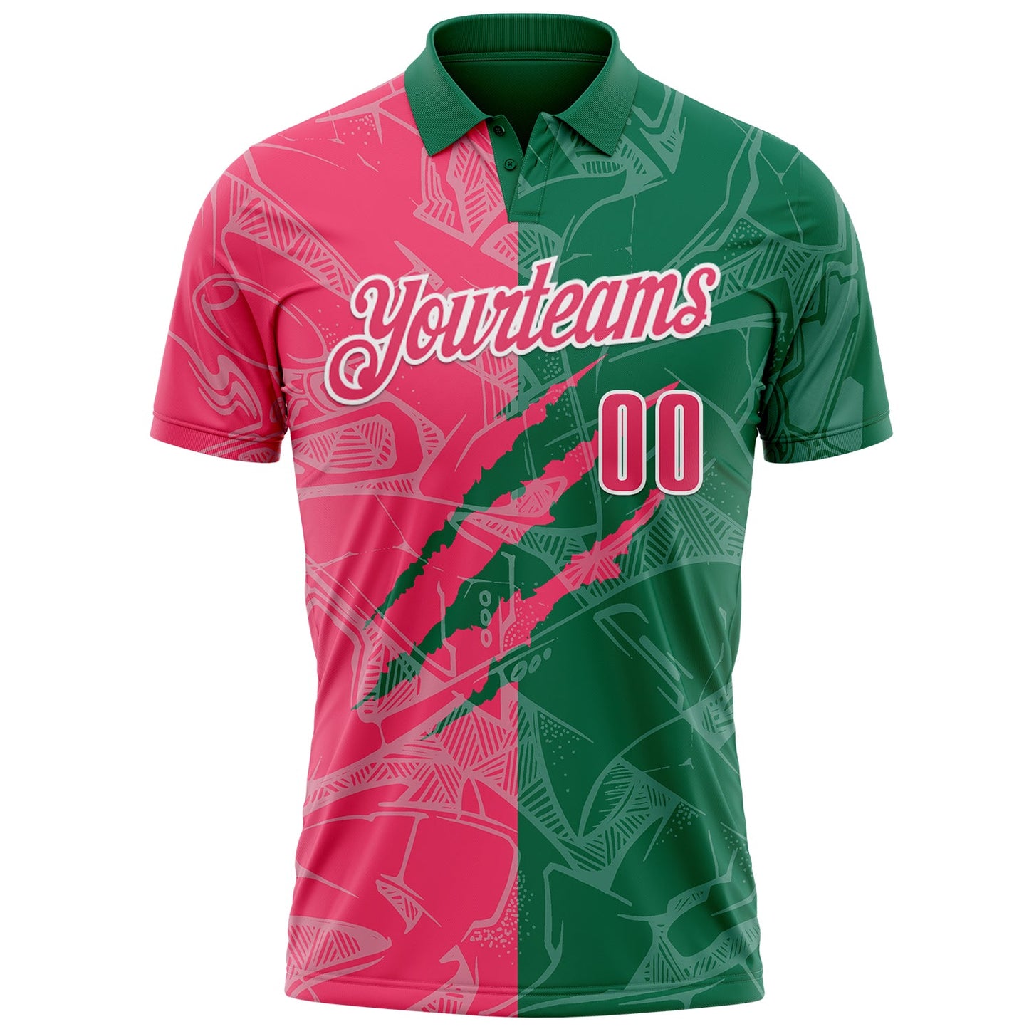 Custom Graffiti Pattern Neon Pink Kelly Green-White 3D Scratch Performance Polo Shirt view 2