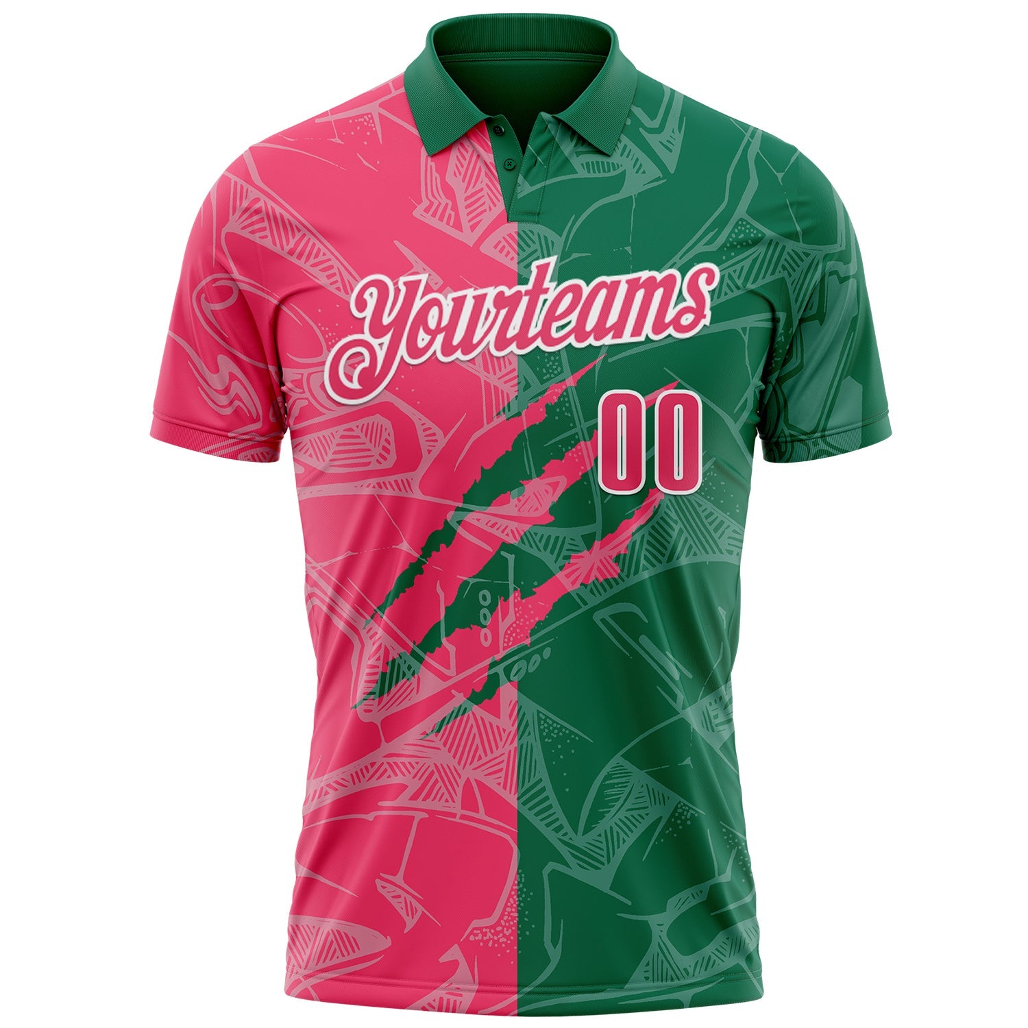 Custom Graffiti Pattern Neon Pink Kelly Green-White 3D Scratch Performance Polo Shirt view 2