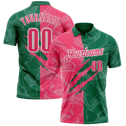 Custom Graffiti Pattern Neon Pink Kelly Green-White 3D Scratch Performance Polo Shirt - Main View