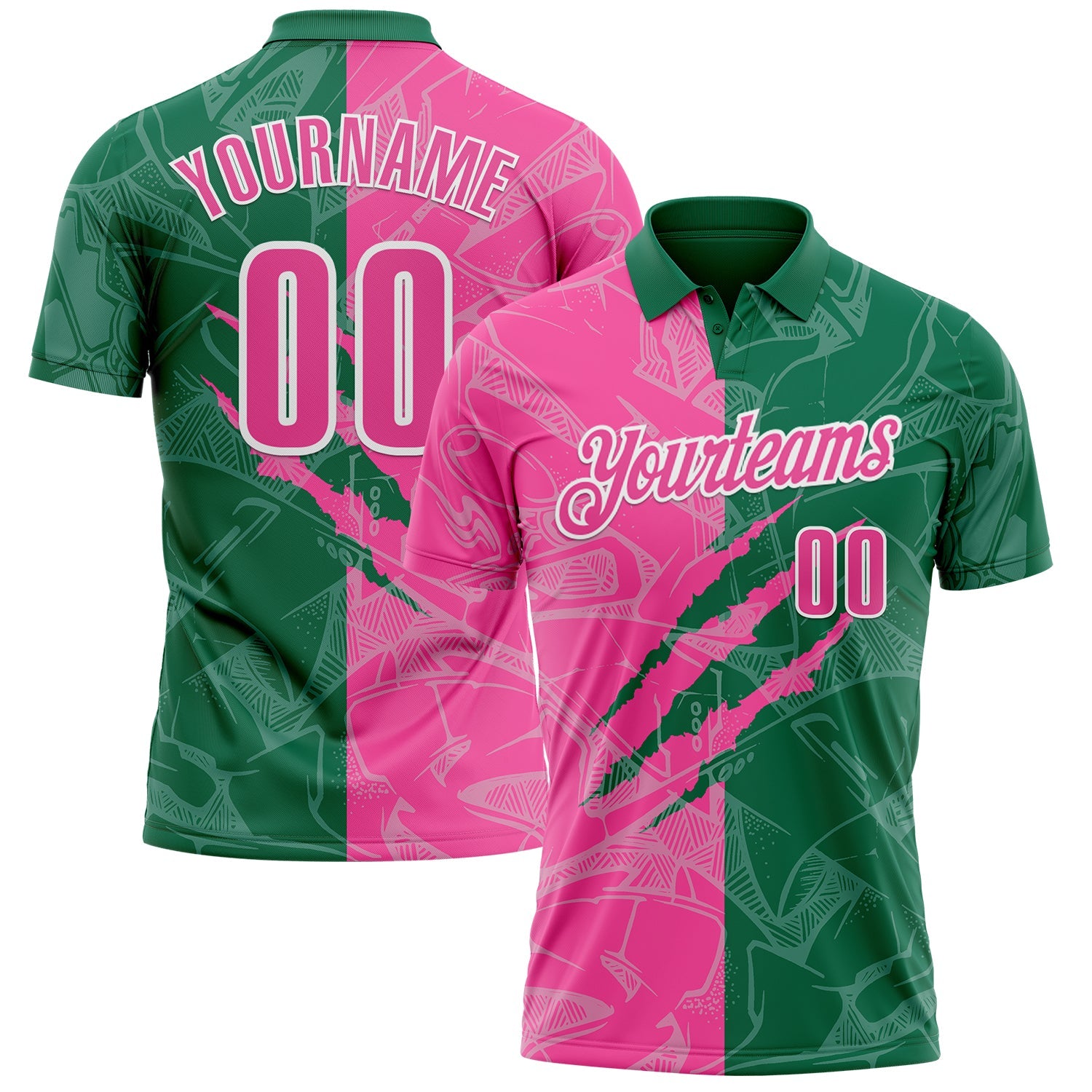 Custom Graffiti Pattern Pink Kelly Green-White 3D Scratch Performance Polo Shirt - Main View