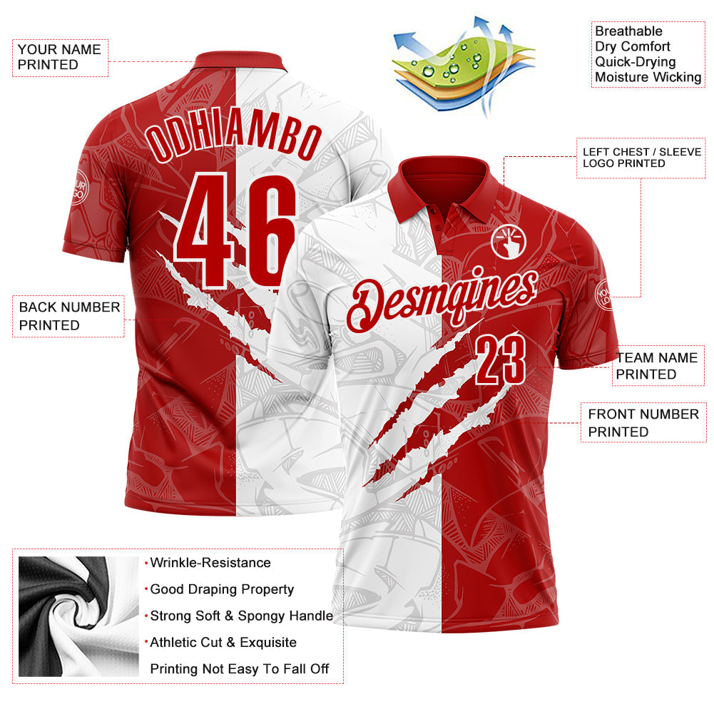 Custom Graffiti Pattern Red-White 3D Scratch Performance Polo Shirt view 3