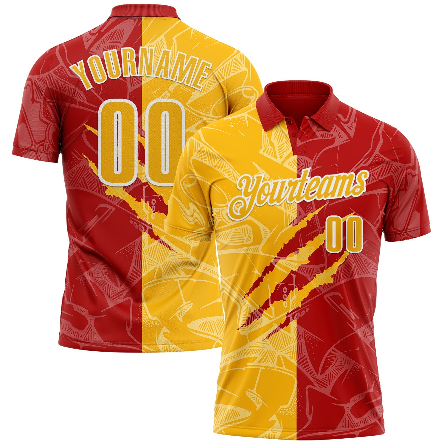 Custom Graffiti Pattern Gold Red-White 3D Scratch Performance Polo Shirt - Main View