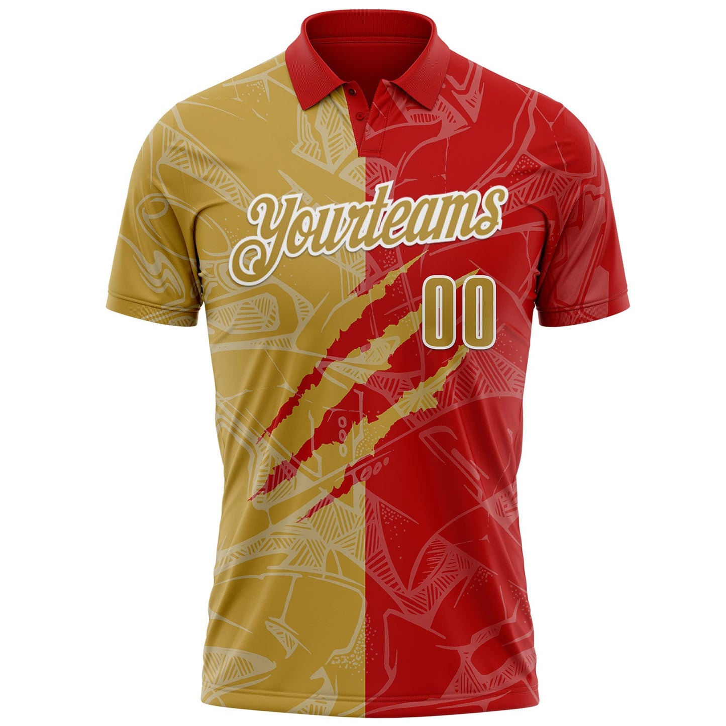 Custom Graffiti Pattern Old Gold Red-White 3D Scratch Performance Polo Shirt view 2