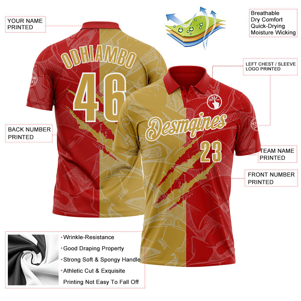 Custom Graffiti Pattern Old Gold Red-White 3D Scratch Performance Polo Shirt view 3