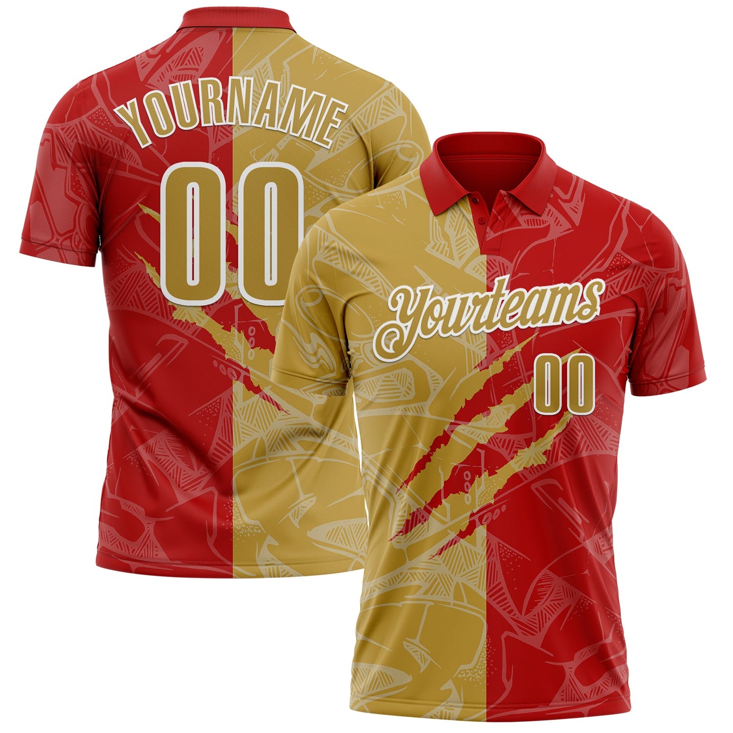 Custom Graffiti Pattern Old Gold Red-White 3D Scratch Performance Polo Shirt - Main View