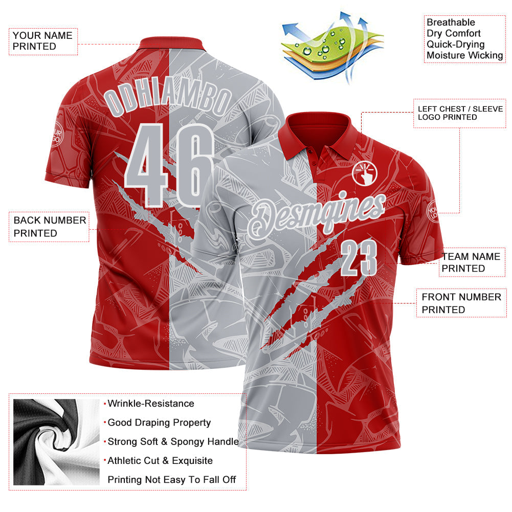 Custom Graffiti Pattern Gray Red-White 3D Scratch Performance Polo Shirt view 3