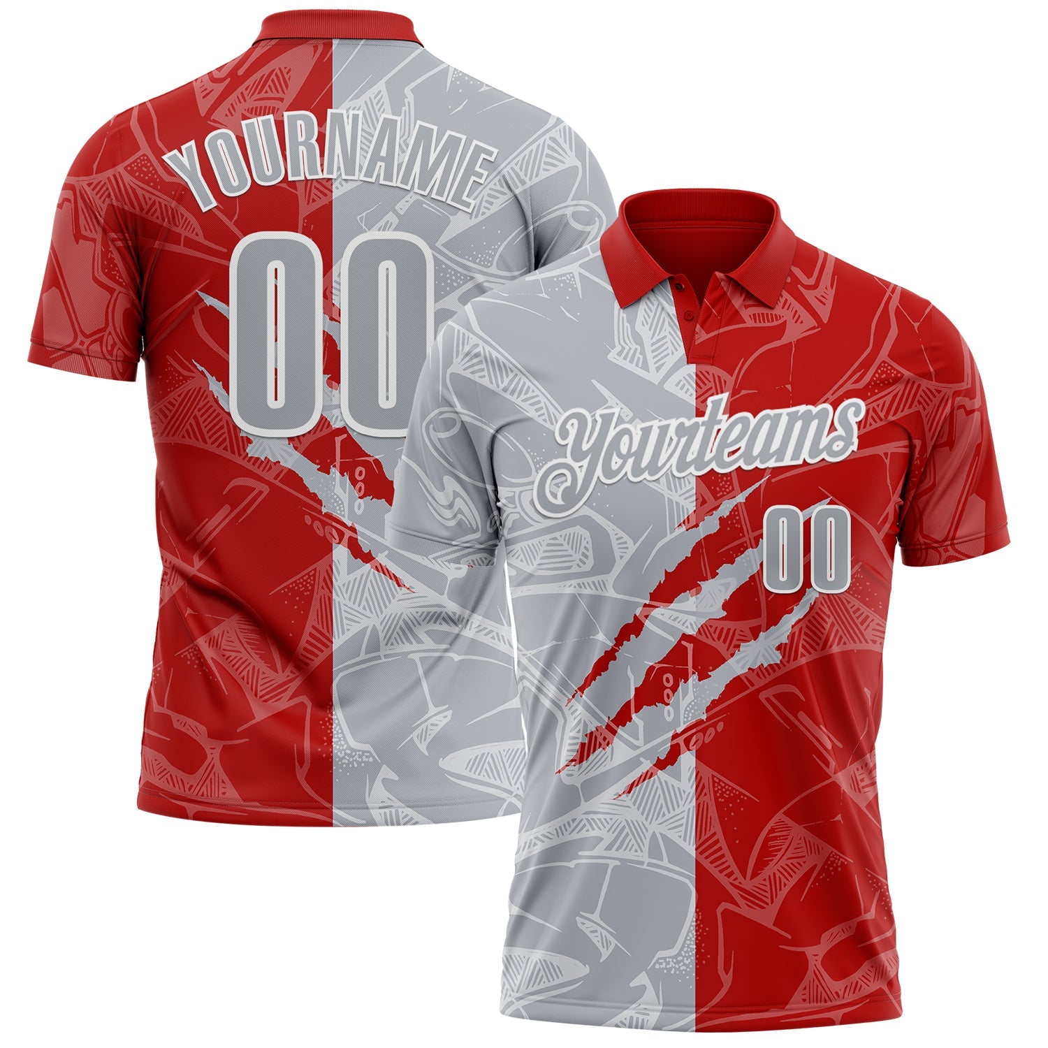 Custom Graffiti Pattern Gray Red-White 3D Scratch Performance Polo Shirt - Main View