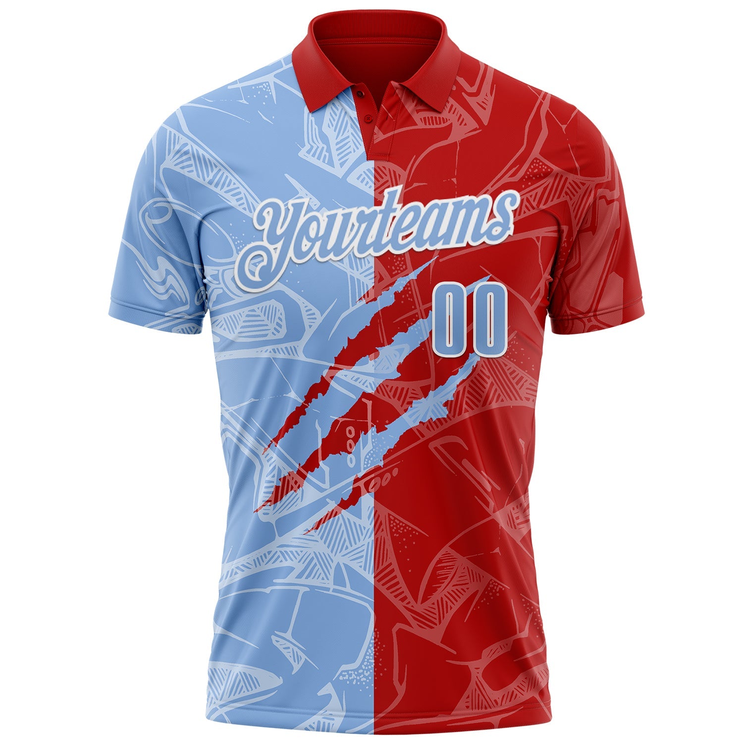 Custom Graffiti Pattern Light Blue Red-White 3D Scratch Performance Polo Shirt view 2